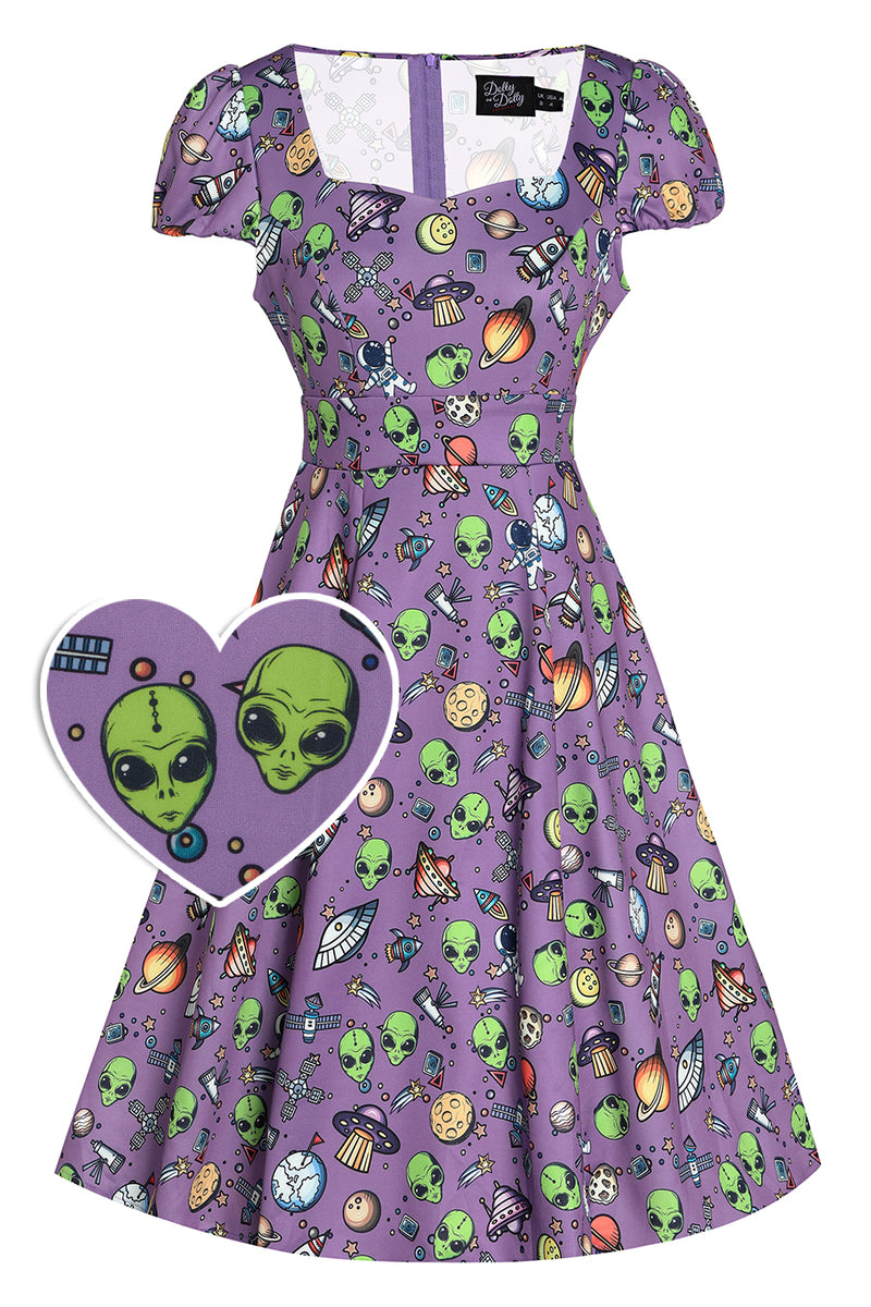 Front view of Alien and UFO Space Print Dress in Purple