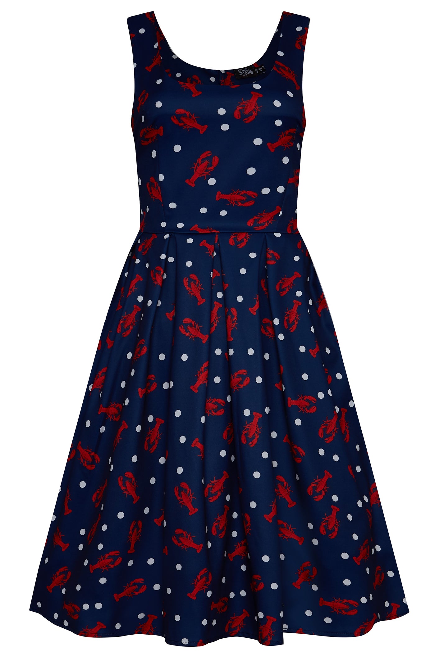 50s Inspired Navy Swing Dress with Red Lobsters and White Dots