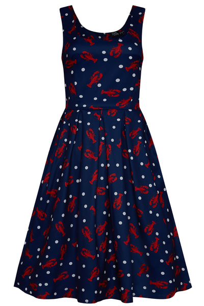 50s Inspired Navy Swing Dress with Red Lobsters and White Dots