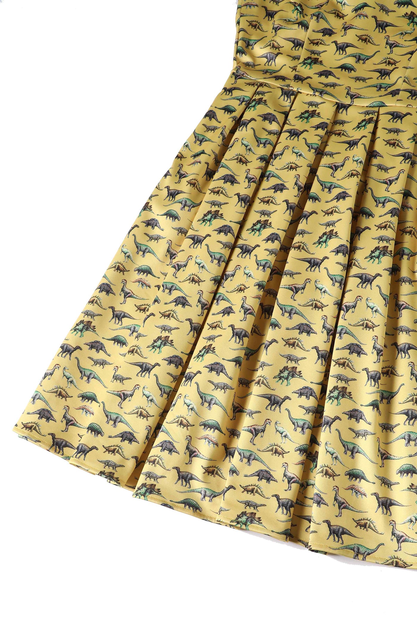 Close up View of Antique Dinosaur Flared Dress in Yellow