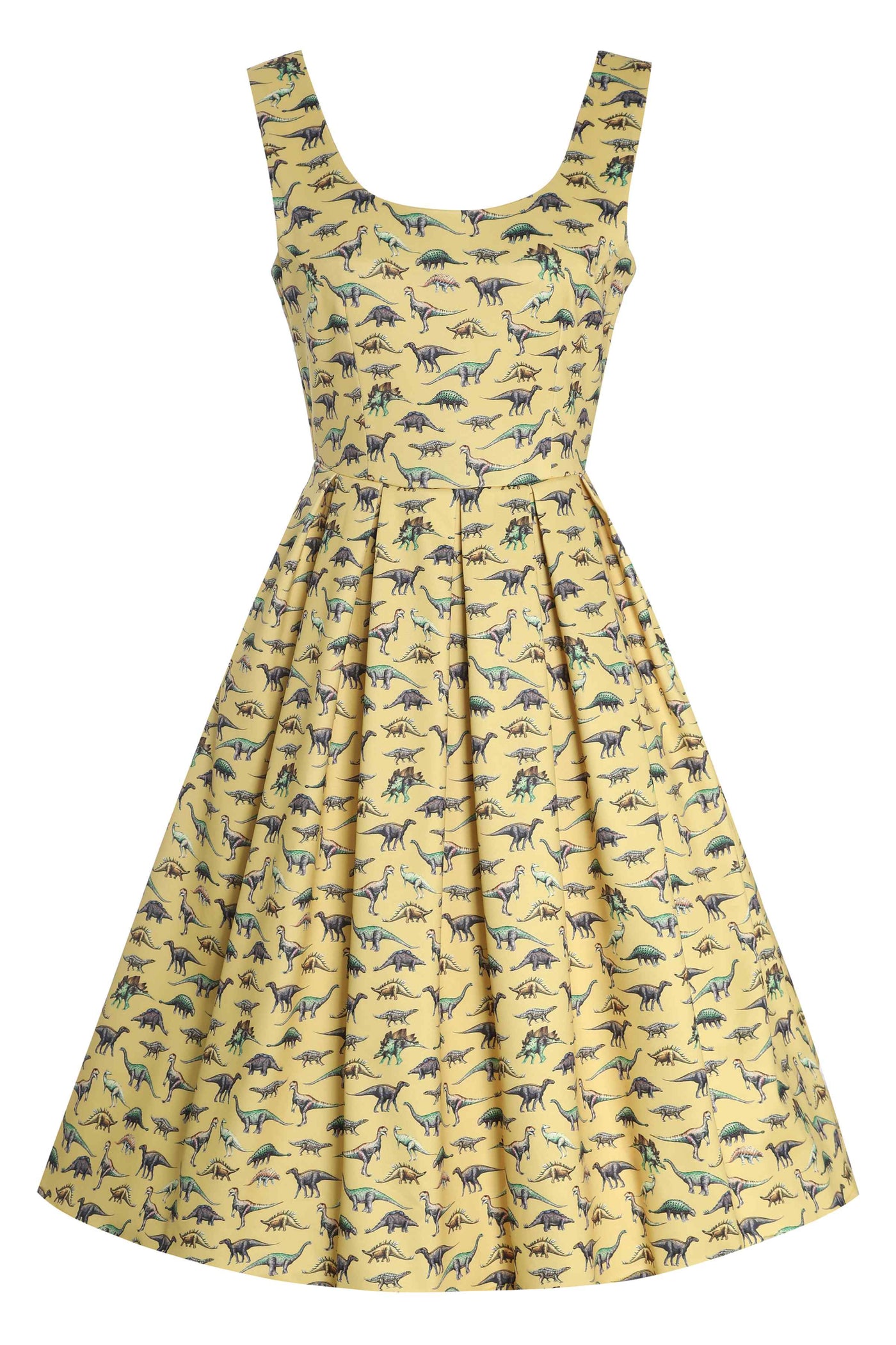 Front view of Yellow Antique Dinosaur Flared Dress