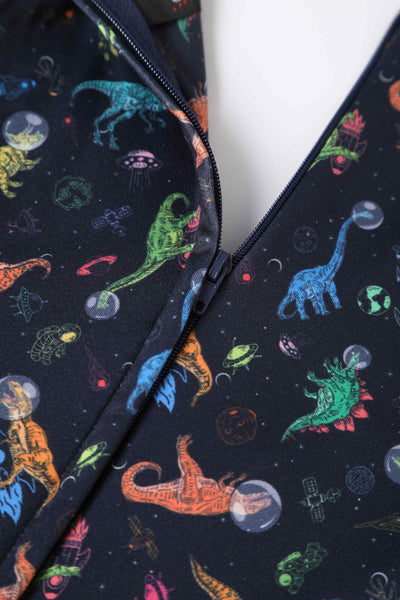 Close up view of Astronaut Dinosaur Jumpsuit In Navy Blue