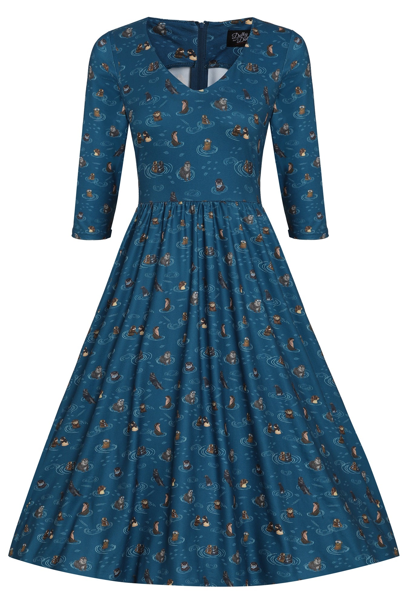 Front view of Long Sleeved Blue Otter Family Dress