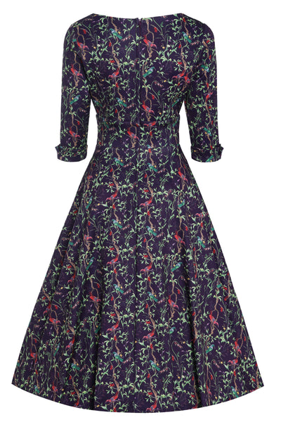 Back view of Bird & Floral Midi Dress On Purple