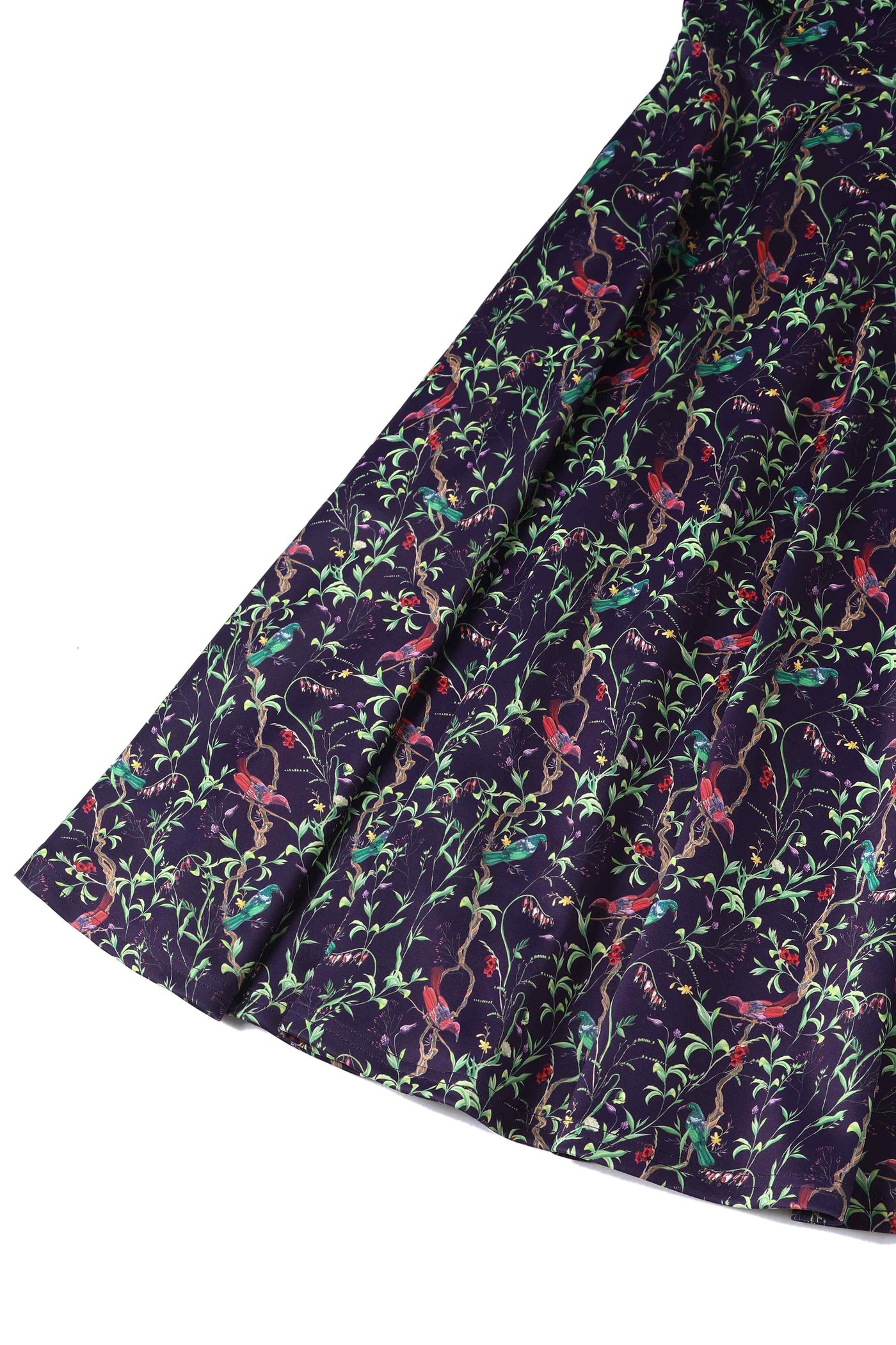 Close up view of Bird & Floral Midi Dress On Purple