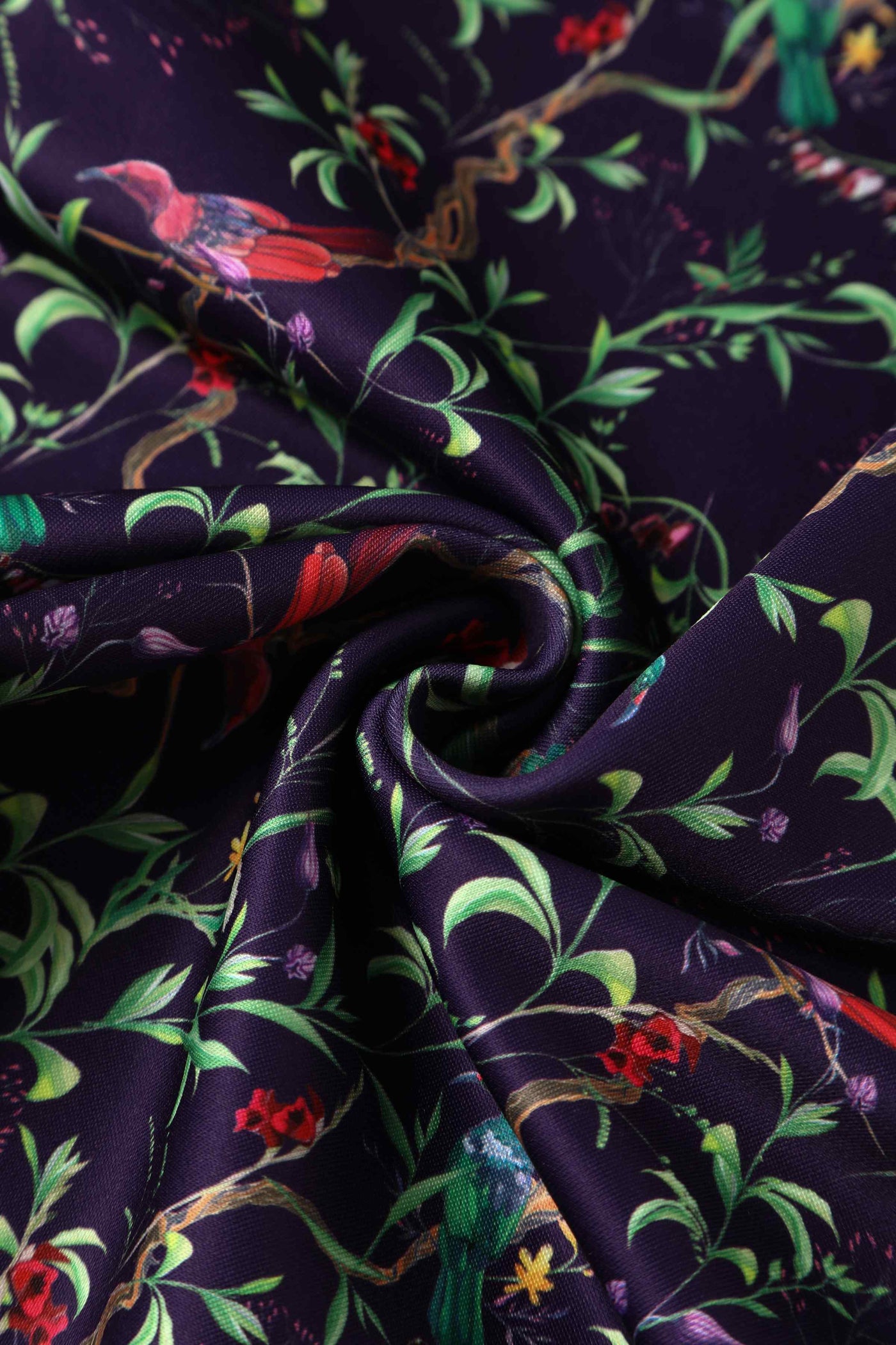 Close up view of Bird & Floral Midi Dress On Purple