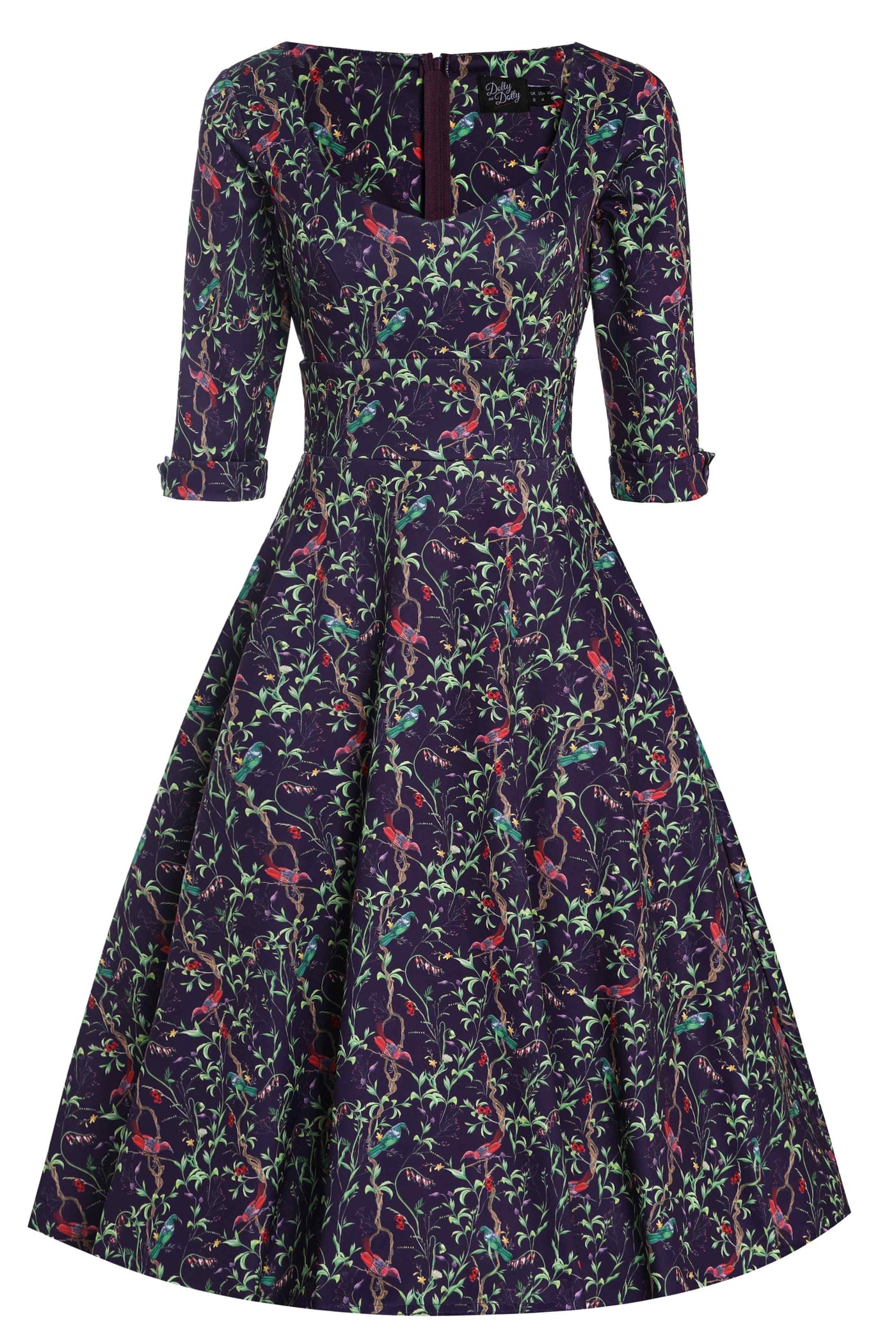 Front view of Bird & Floral Midi Dress On Purple