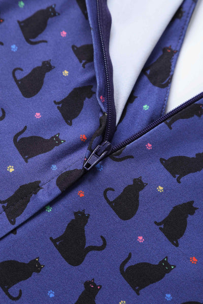 Close up view of Black Cat Flared Dress in Purple