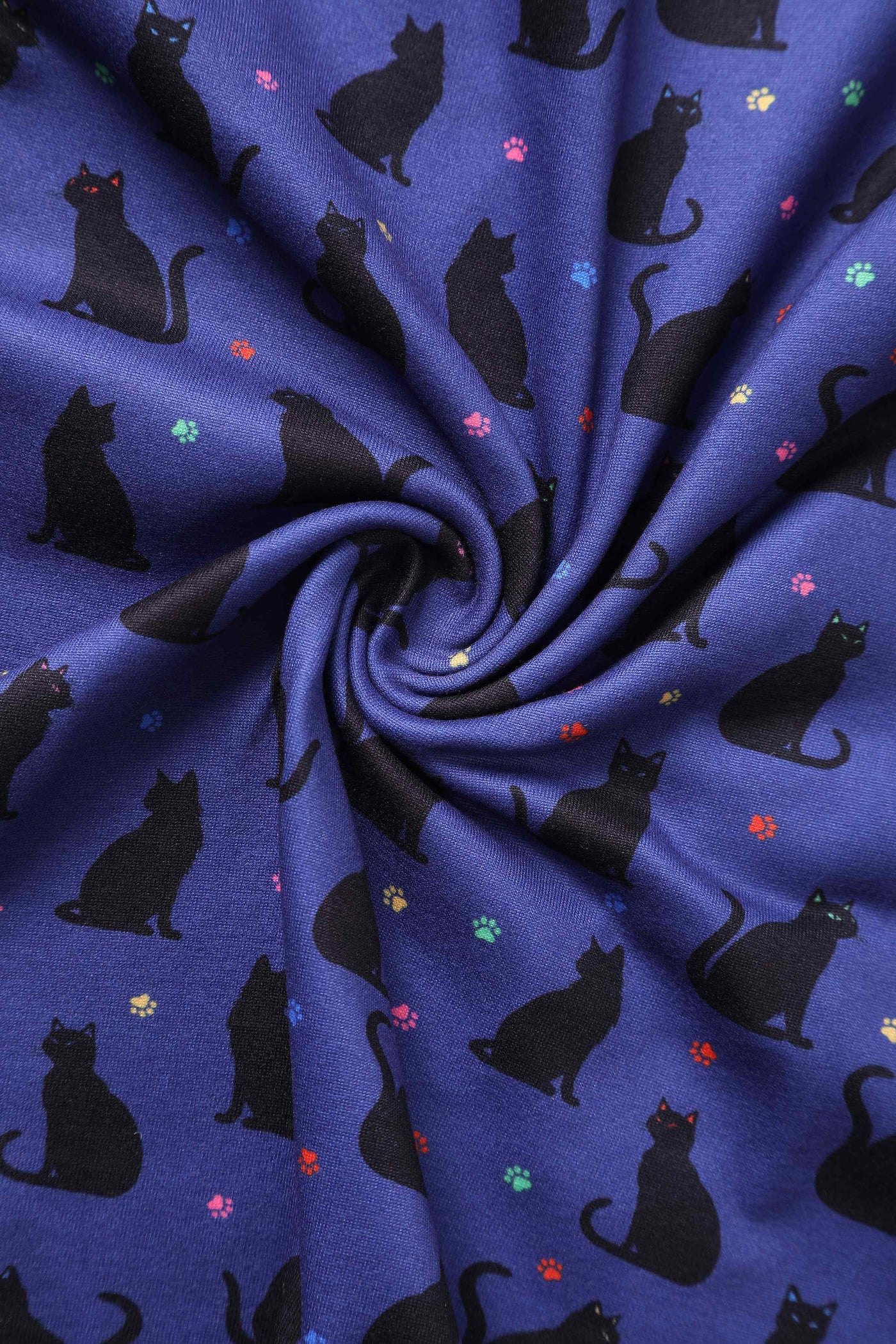 Close up view of Black Cat Flared Dress in Purple