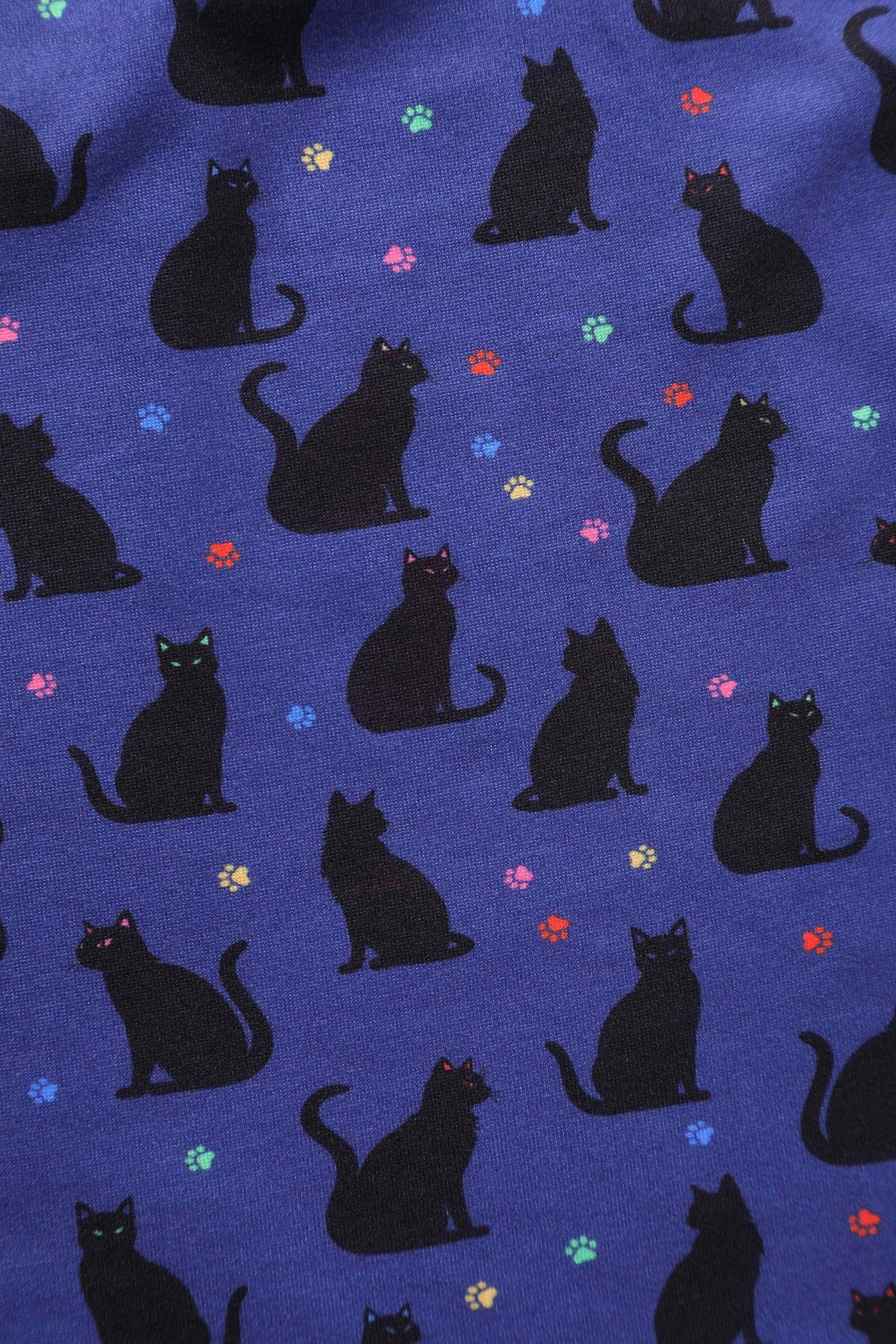 Close up view of Black Cat Flared Dress in Purple