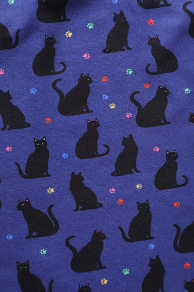 Close up view of Black Cat Flared Dress in Purple