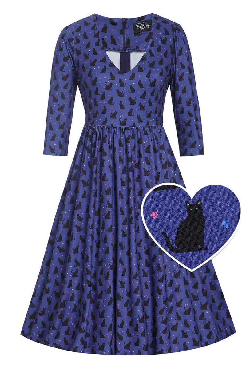 Front view of Black Cat Flared Dress in Purple