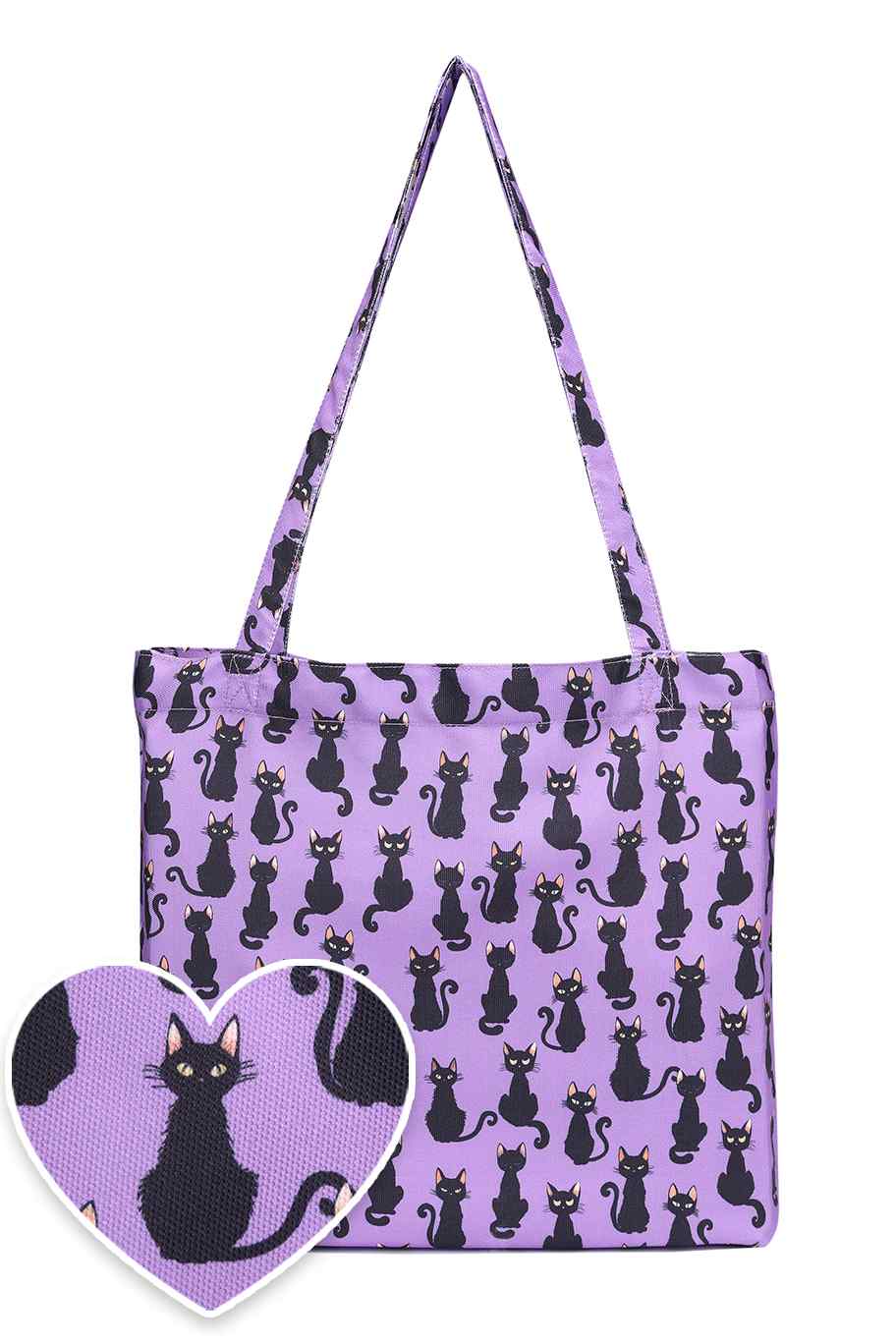 Quirky Black Cat Print Tote Bag in Purple