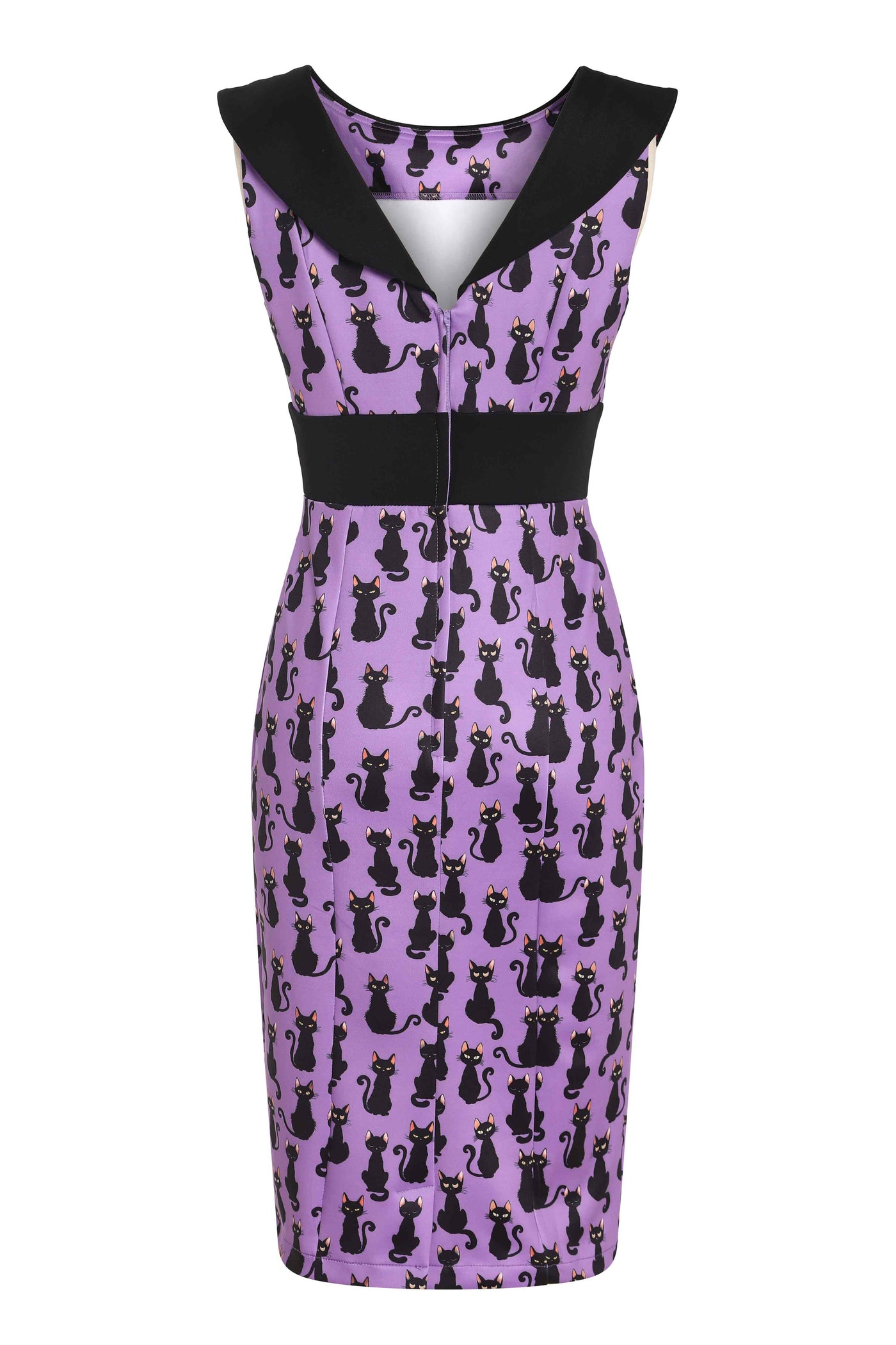 Back view of Black Cat Roll Collar Wiggle Dress In Purple