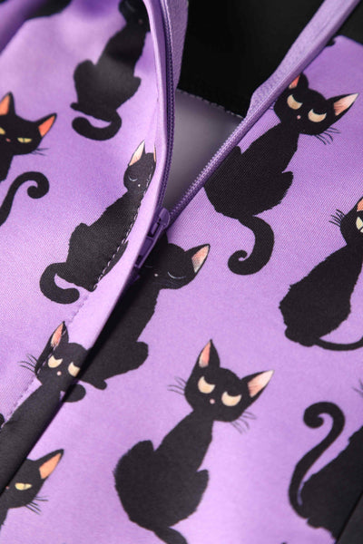 Close up view of Back view of Black Cat Roll Collar Wiggle Dress In Purple