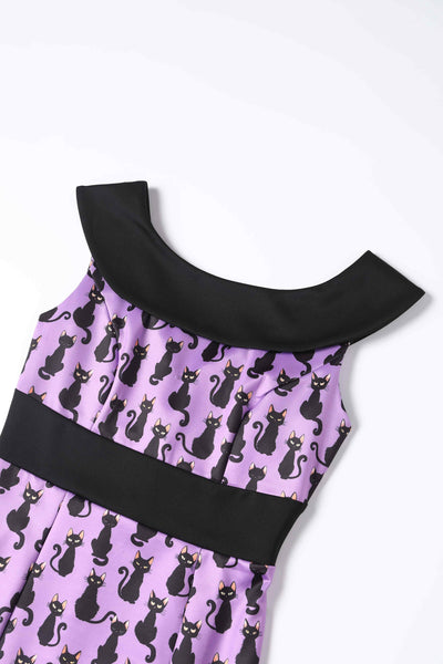 Close up view of Back view of Black Cat Roll Collar Wiggle Dress In Purple