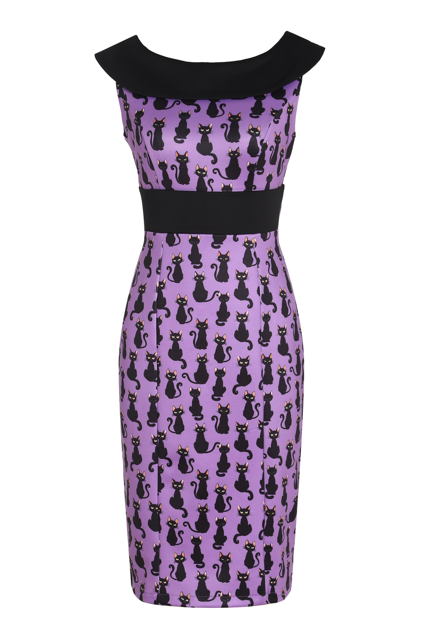 Front view of Black Cat Roll Collar Wiggle Dress In Purple