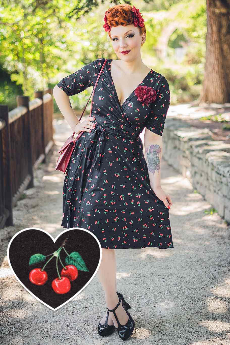 A model waring a Black Cherry Wrap Dress