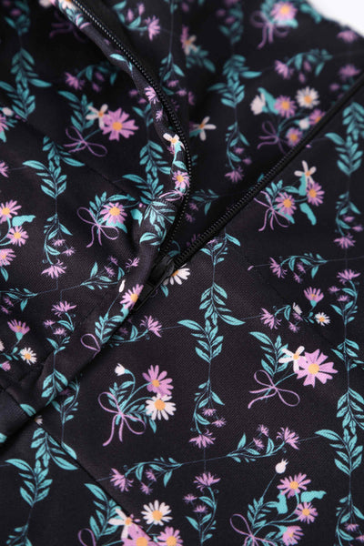 Close up view of Black Floral Grid Midi Dress