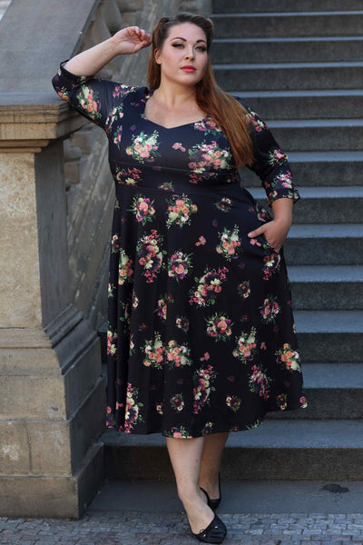 Black Floral Mid Calf Dress