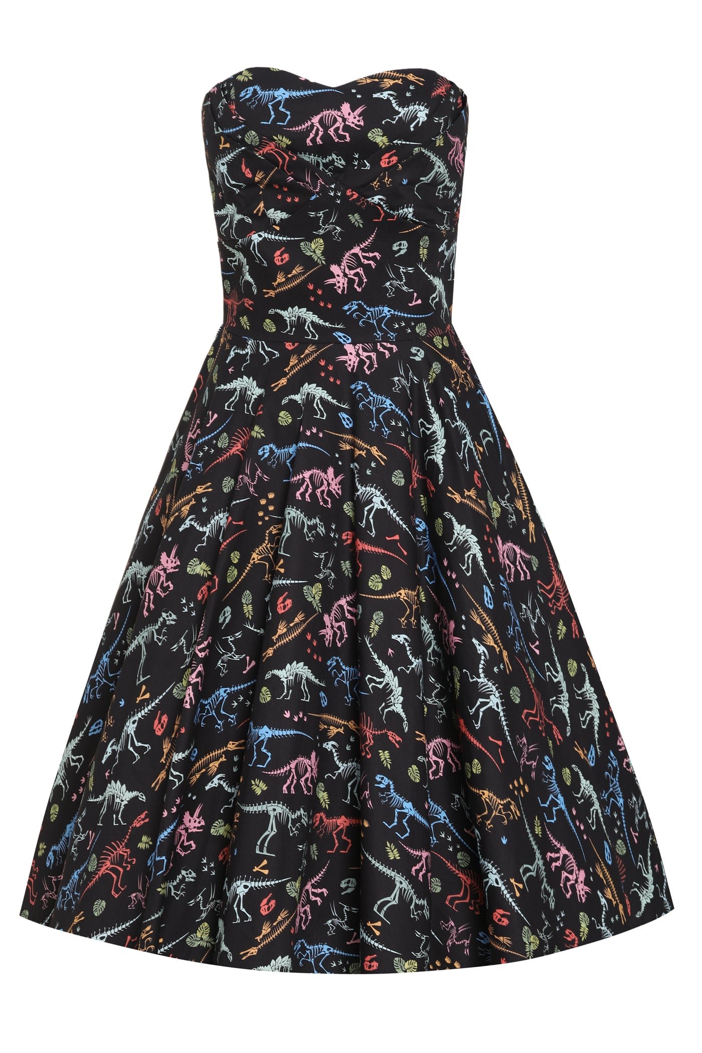 Black Strapless Dress in Dinosaur Fossil Skeletons