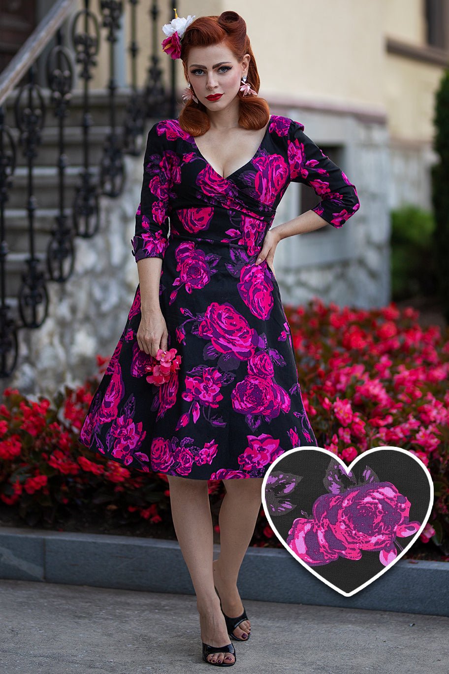  Black Pink Floral Swing Dress