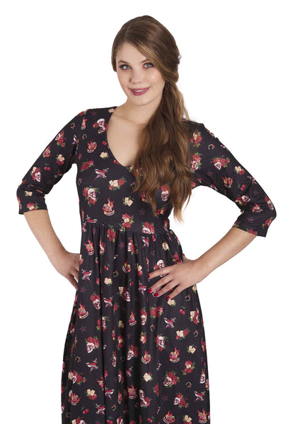 Model photo of Black Rockabilly Skull & Rose Dress