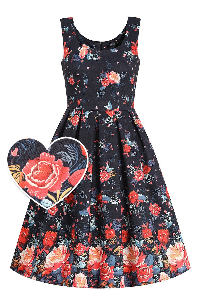 Front view of Black Tapestry Floral Swing Dress