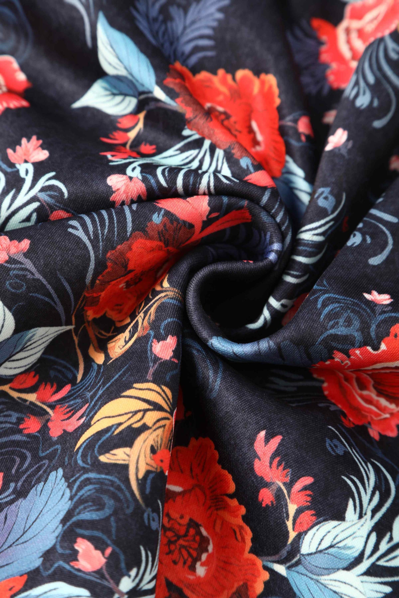 Close up view of Black Tapestry Floral Swing Dress