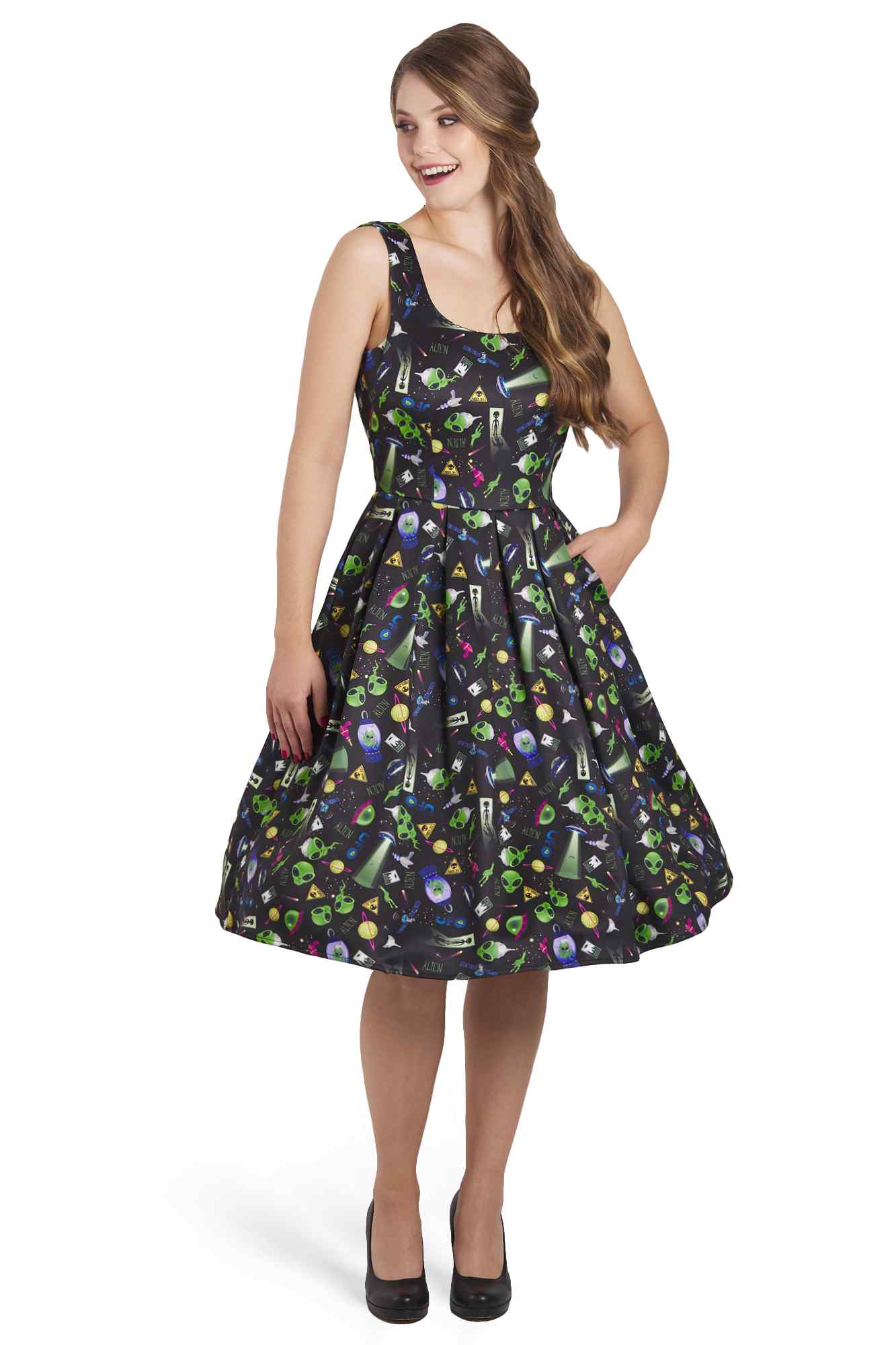 Model photo of Black UFO & Alien Swing Dress