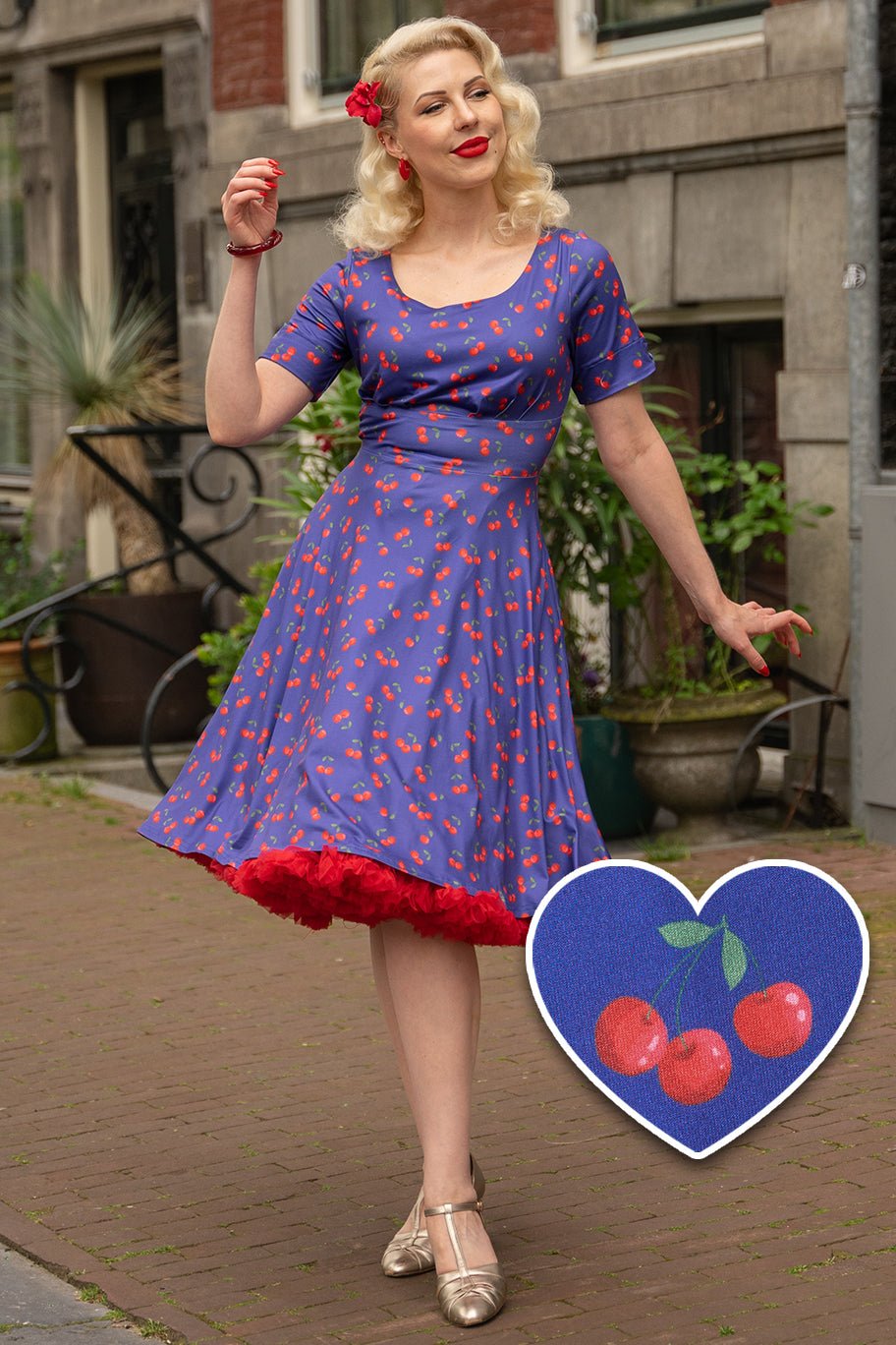 A model wearing a Blue Cherry Flared Dress