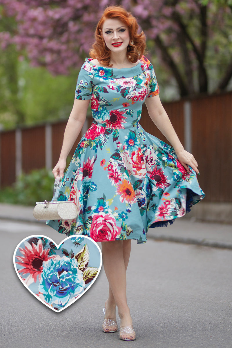 Darlene Blue Floral 1950s Collar Swing Dress Dolly and Dotty