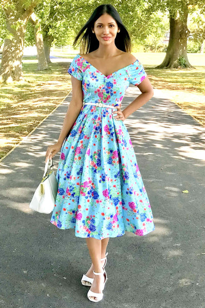  Blue Hydrangea Off Shoulder Dress