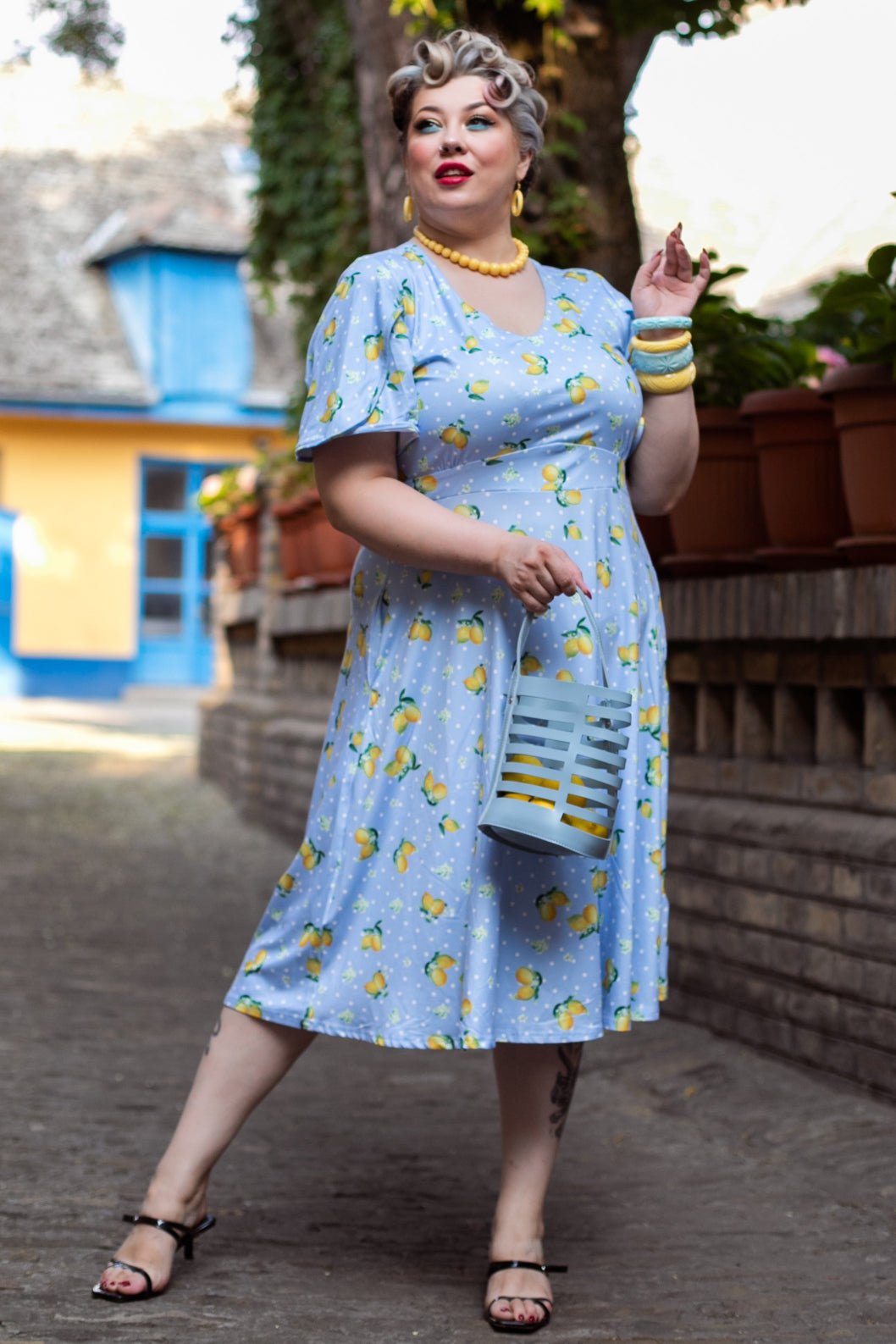 Janice Blue Lemon Petal Sleeved Tea Dress