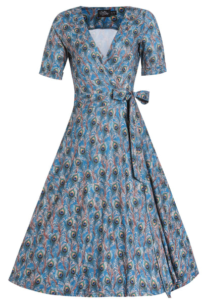 Front view of Blue Peacock Feather Wrap Dress