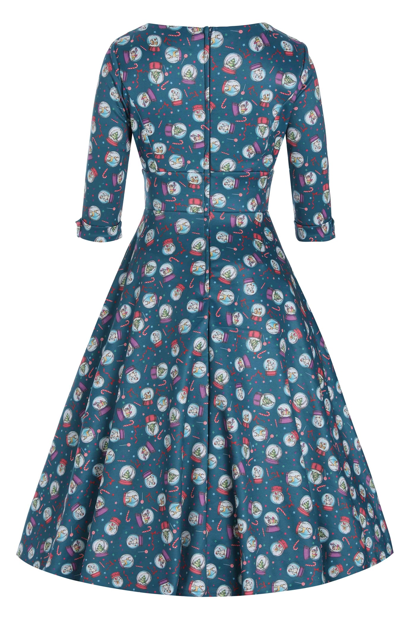 Back view of Blue Snow Globe Long Sleeved Dress