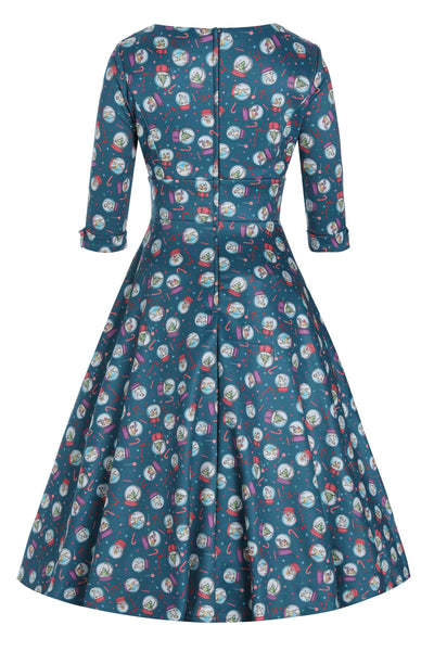 Back view of Blue Snow Globe Long Sleeved Dress