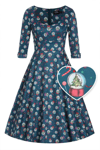 Front view of Blue Snow Globe Long Sleeved Dress