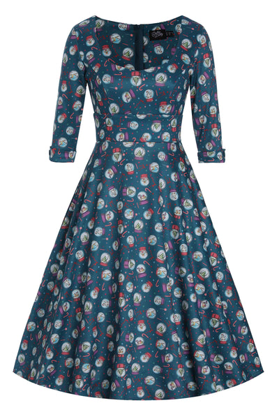 Front view of Blue Snow Globe Long Sleeved Dress