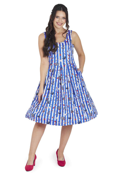 Model photo of Blue Striped Rockabilly Swallow Swing Dress