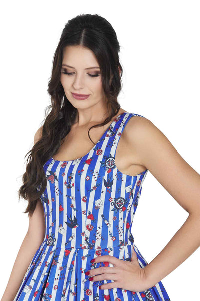 Model photo of Blue Striped Rockabilly Swallow Swing Dress