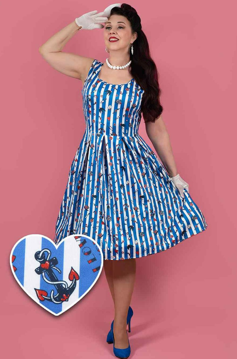 Blue Striped Rockabilly Swallow Swing Dress