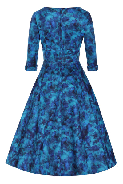 Close up view of Blue Watercolour Floral Midi Dress