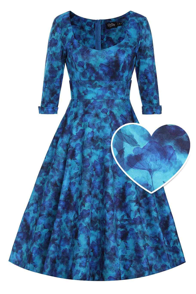 Front view of Blue Watercolour Floral Midi Dress