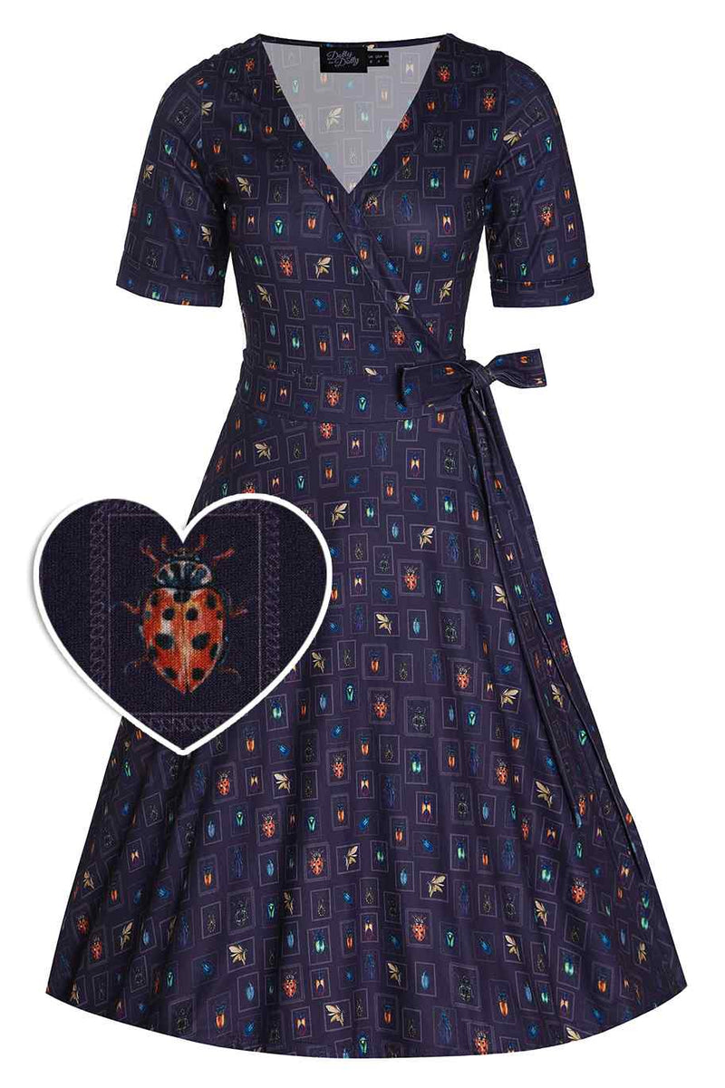 Front View of Bug Collection Print Wrap Around Dress In Nave Blue