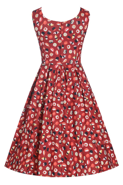 back view of Burgundy Red Sushi Print Swing Dress