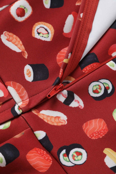 Close up of Burgundy Red Sushi Print Swing Dress