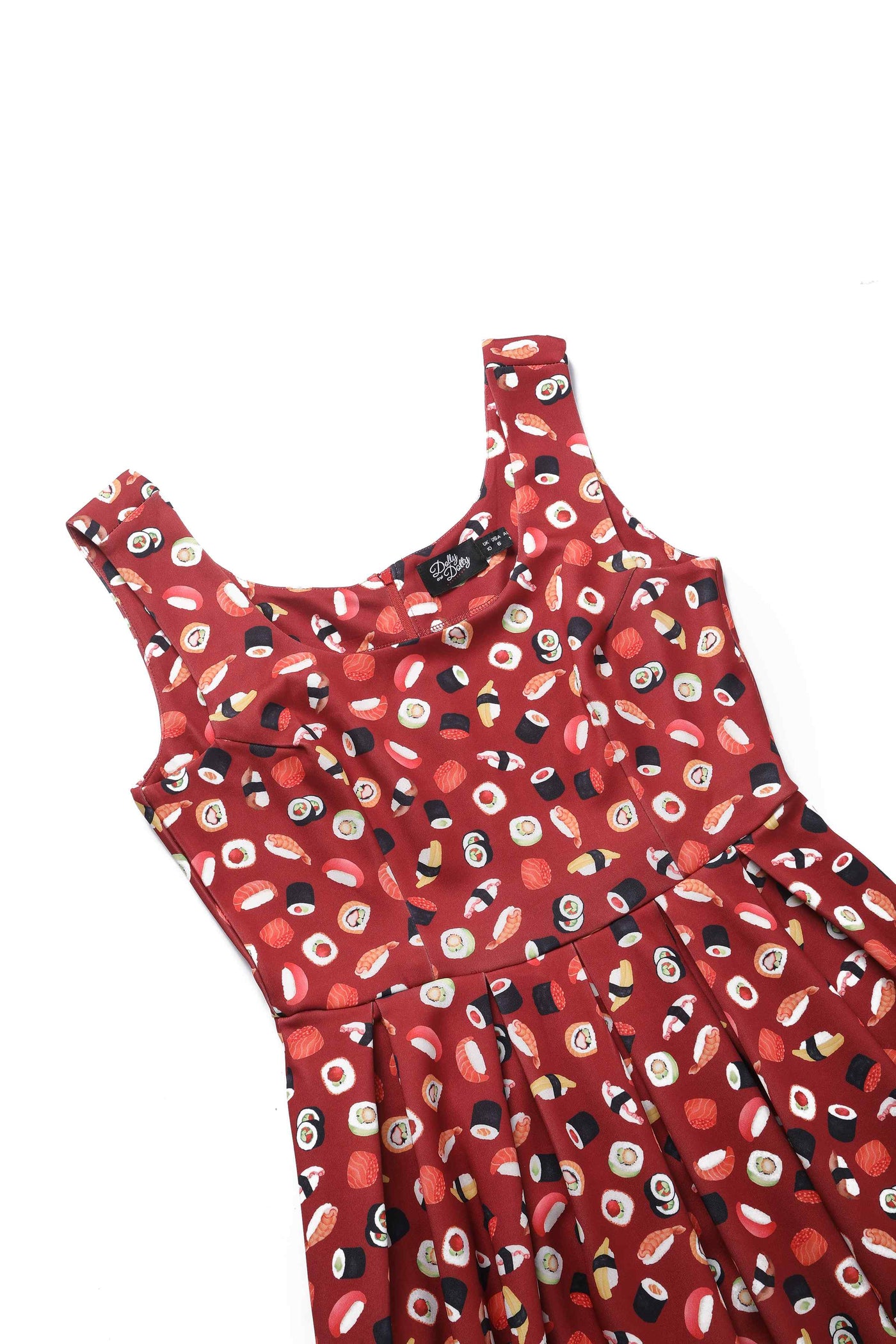 Close up of Burgundy Red Sushi Print Swing Dress