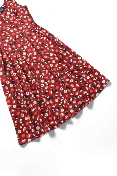 Close up of Burgundy Red Sushi Print Swing Dress