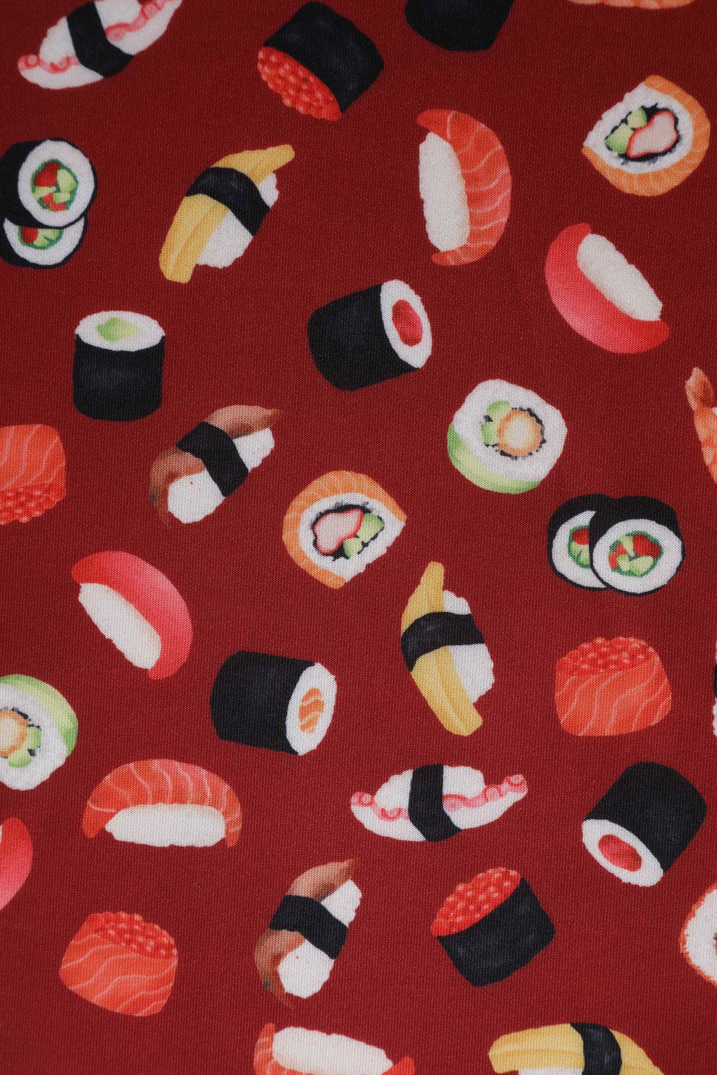 Close up of Burgundy Red Sushi Print Swing Dress